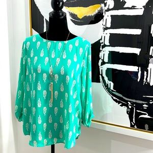 Pixley Teal Long-Sleeved Top w/Feather Detail, Size M